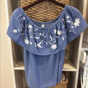 Roper Blue Sleeveless Ruffled Embroidered Blouse